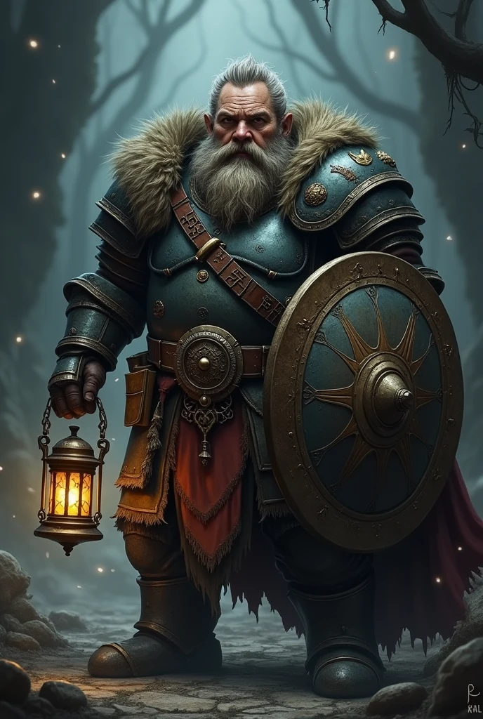 A dark grim fantasy dwarf wearing full plate armour, skinny middle-age, with a long beard short hair, holding a lantern in one hand and a shield with the other, an ancient spell book tied to his belt