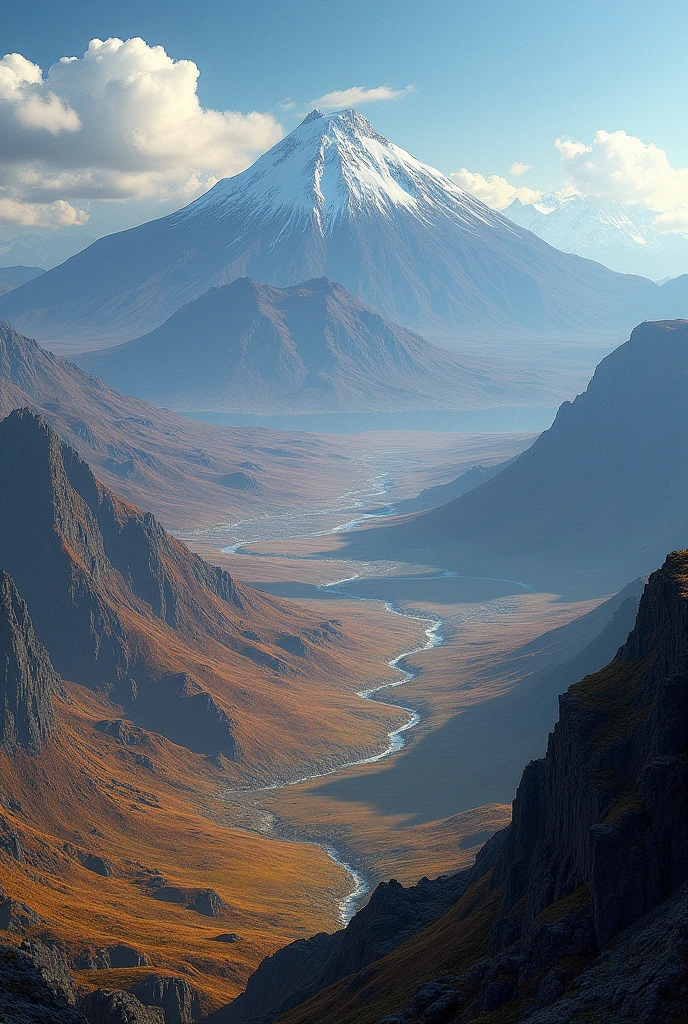 Create a landscape that contains paramos, volcanoes, plains, Plateaus, hills, mountain ranges, mountains