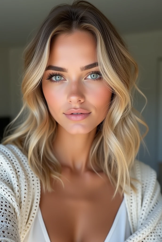 oung woman with blue eyes, beautiful look, beautiful lip, mid-length wavy blonde hair with highlights and very realistic, en selfie habiller simplelment