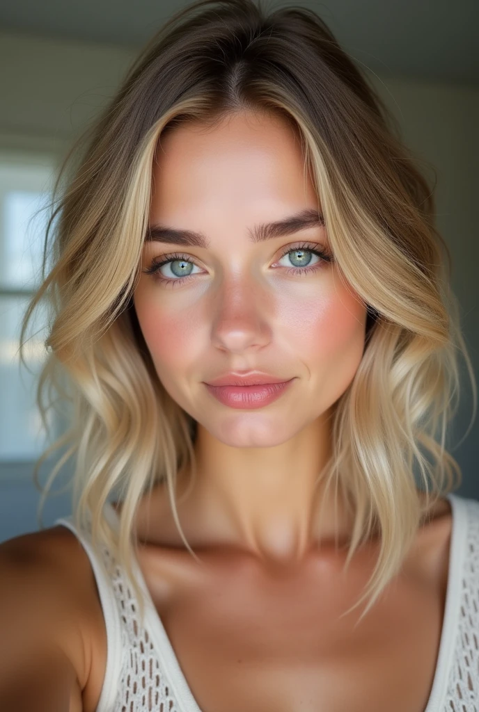 oung woman with blue eyes, beautiful look, beautiful lip, mid-length wavy blonde hair with highlights and very realistic, en selfie habiller simplelment