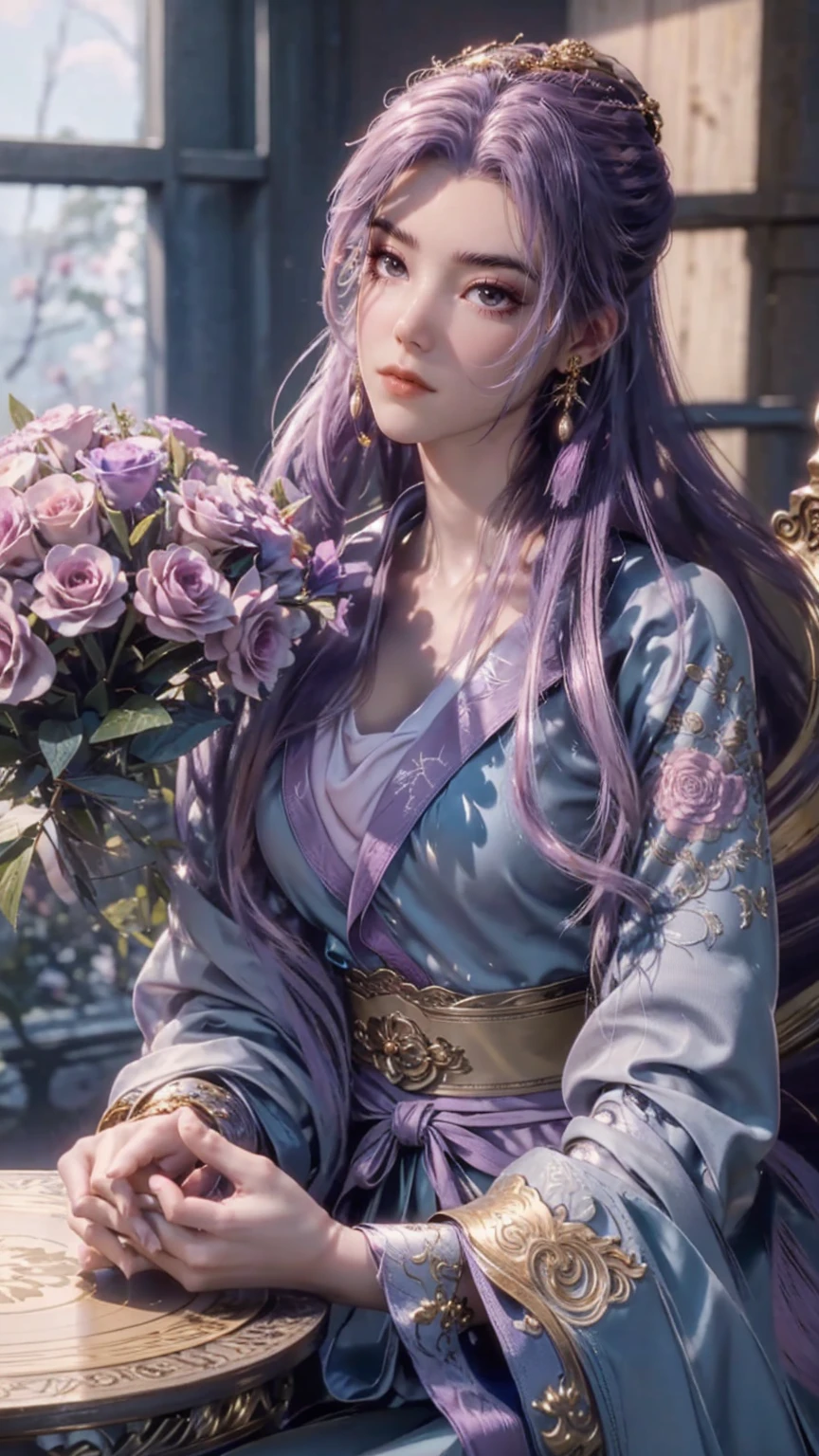 Captured from a low-angle perspective, a porcelain doll, dressed in a purple kimono, is seated on a chair. She is holding a rose in her right hand, her left hand resting on a wooden table. The table is adorned with a few rose flowers, adding a touch of color to the scene. The doll's hair is a vibrant shade of brown, and her eyes are a deep blue, while her hair cascades down to her right shoulder. The backdrop is a verdant window with a pink curtain, and a gold box on the right side of the frame.