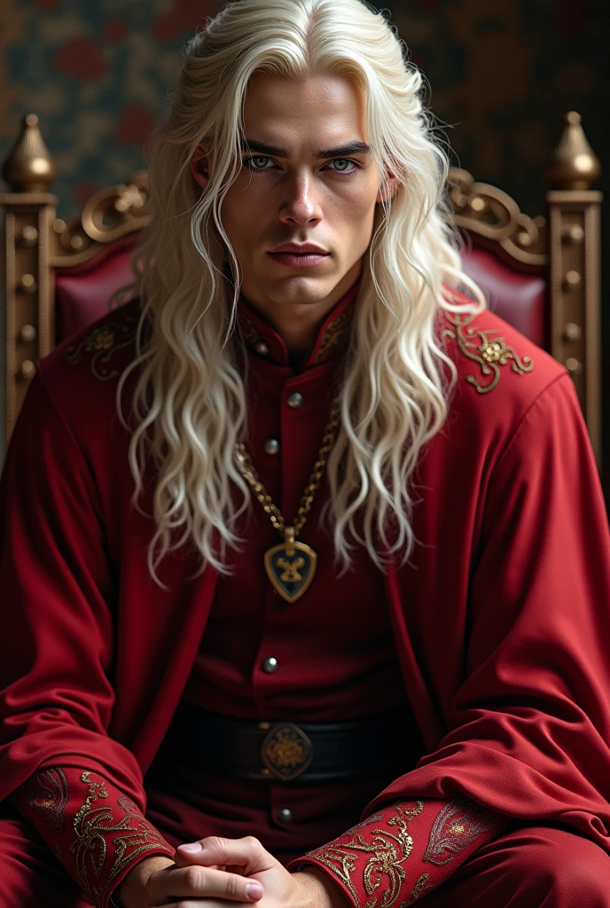 A HANDSOME hot sexy Targaryen Prince with long curly platinum blonde hair, he's wearing a royal Red Rich Silky Prince outfit, he's sitting on a royal Cushion, Realistic