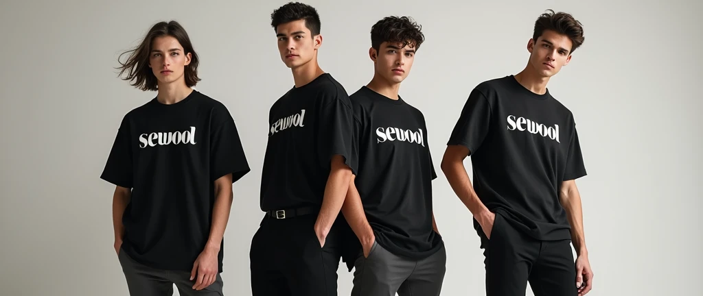 give me a picture of 2 or 3 male models in one picture with wearing oversize t-shirt and wearning formals paint and photoshoot in studio, and print the word on t shirt = Sewool