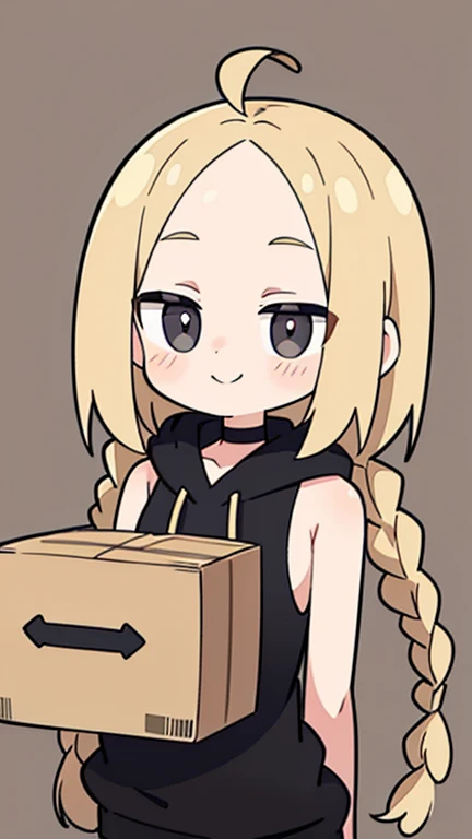 Beige hair color, center parted bangs, forehead exposed, no hair antennae, sunglasses, black sleeveless hoodie, bob hair with volume down to the shoulders, long braids on both sides reaching down to the chest, holding a cardboard box containing materials with care, gray eyes, shy smile, choker, adult woman, cheek dye 