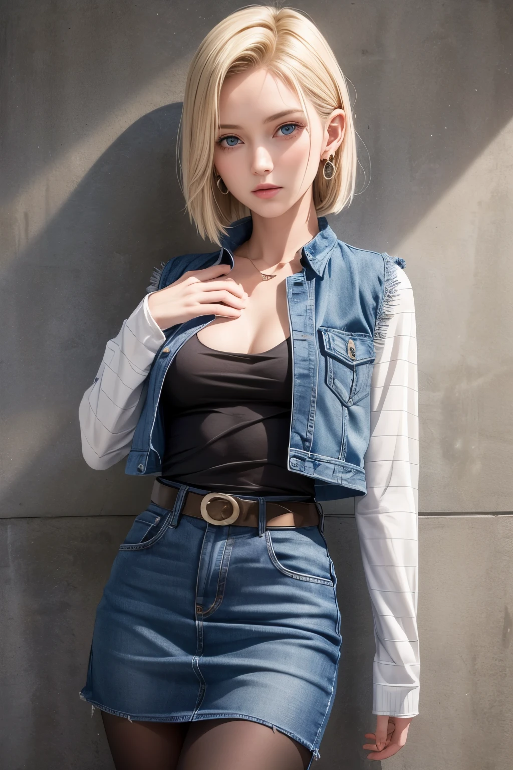 Best Quality, High resolution, Y18, 1 girl in, Android 18, Alone, by rubio, blue eyes, short hair, earrings, jewelry, denim dress, open vest, black pantyhose, black shirt, denim skirt, Striped long sleeves, blue skirt, medium breasts, cowboy shot, Street, (Externally expanded chest: 1.2)