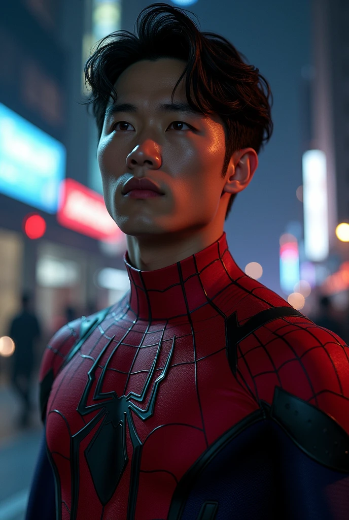make an image where a korean guy wears a spiderman suit, half body, at night