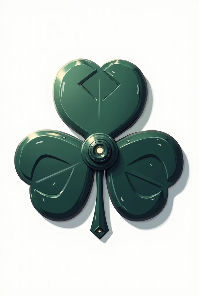 a sleek metallic projectile like a four-leaf clover-shaped shuriken, made of light and strong metal. Each leaf of the clover is sharp as a blade, with serrated edges. In the center of the clover, there is a small mechanism to release an electrical charge or an inhibitor gas. The design is compact and aerodynamic, allowing it to be thrown accurately. Its color is dark metallic green. White background..
Comic book 2d style