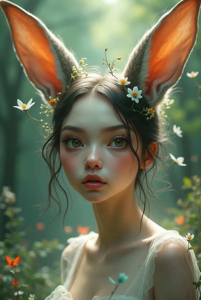 A woman whose face is inspired by that of a hare, more animal features
