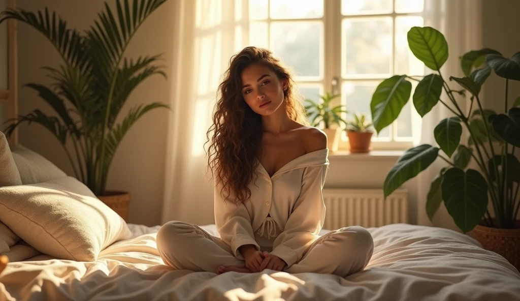 (photorealism:1.2), beautiful woman, sitting on bed, wearing loose off-shoulder top, pajama pants, long curly hair, indoors, soft lighting, plants in background, window with sunlight, cozy room, relaxed pose, realistic, intricate details, warm colors, by Greg Rutkowski, by Alphonse Mucha