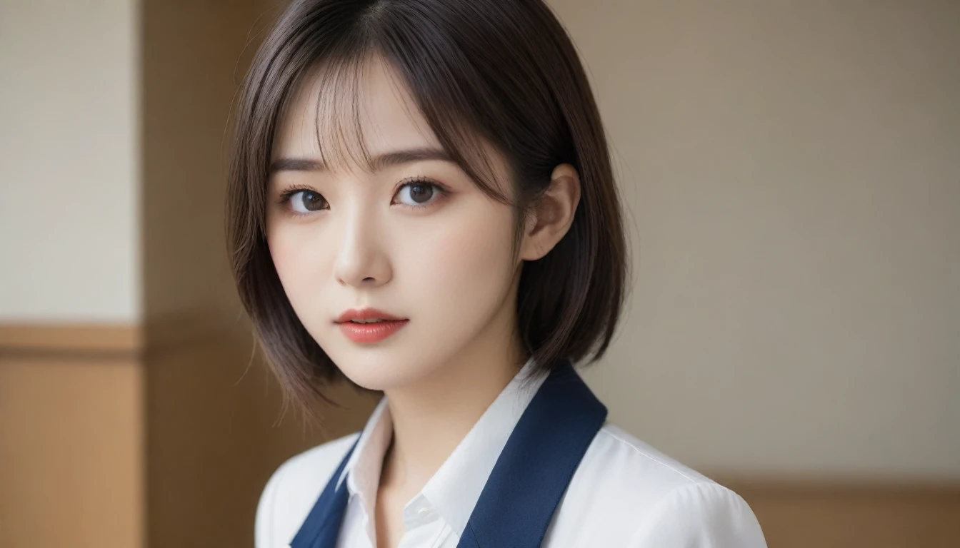 8k, Ultra-high resolution, Highest quality, masterpiece, 三分割法によるphotograph,Surreal, photograph, 1 , (:1.3), cute, cute顔, 細部までBeautiful Eyes, 細かくdetailedに,masterpiece,One Girl:1.2,Japanese women,Secretary,upper body,glaring,Black short hair,Feathered hair,from side,(White collared shirt:1.3),Dark blue blazer,Reception room,white collar,(Beautiful attention to detail),Subtle details, detailedな顔,anger,Attractive eyes,(ポートレートphotograph:1.4),(Photorealistic images:1.4),Fantasy art,(Beautiful Face:1.4),美しくAttractive eyes、Beautiful Eyes,Silver residue,(Tight waist:1.4)、(Beautiful with perfect body proportions:1.4),Pink Lips,profile,(((Ideal body type))),A-cup small breasts :2,、Portraiture:2、Perfect Anatomy、鮮明なdetailed、detailed,Fashion magazine cover,Thin lips,完璧でBeautiful Face ,完璧でcute顔, Skin with attention to detail, Perfect limbs、Narrow waist,Surreal,Light and shadow,spotlight