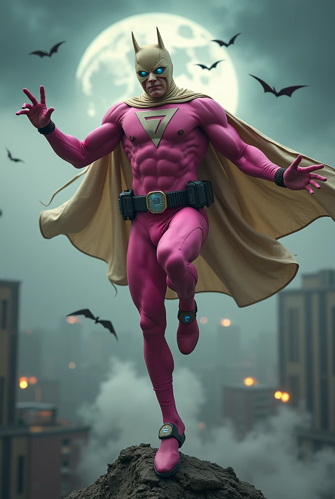 Malaysia man in high-tech suit, vivid effects, malaysian superhero (KELUANG MAN) in a striking pink and beige costume cyberpunk design, mask small mini bat ear beige, daredevil beige mask, jumpsuit dark pink stands confidently in a dramatic.jumping from high place.hero costume.one hand rise up. Big triangle logo on the chest.high detail Punisher logo on the chest. Fighting pose , stormy landscape. ((Head covered node guard like batman. Running pose , athletic body type, small mini ear bat mask))The character wears domino mask a helmet with pointed mini torn ears and a flowing cape biege, open nose and mouth. Equipped with visible futuristic weapons on a belt,bullet proof jacket pink dark day.show fingers pose, dark night, big supermoon effect . Small logo on chest triangle shape small punisher logo center(( skull triangle Casey Jones mask shape logo)) center on chest pink logo mini logo . rocky. Building top.smoke ground , bomb effect background, losse pants, losses costume.adding to --ar 3:4 --style raw --stylize 500 --v 6.1. chaos. Lot of small flying bat. One leg on the high stone. Man. Wear hologram watch.. Real man age 40 year old. One hand holding belt.one hand holding black rope hanging on building. Big pant pink. Beige cape joodie.(( Loose pant)) , jump on high building)marvel , X-Men. Robert Pattinson