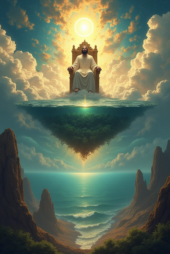 create an image with God sitting on his throne, below the throne there would be clouds and below the clouds there would be a sea and below that sea there would be a firmament/separation. within this firmament on top of it place clouds, floor, moon and stars. at the bottom of this firmament make a floor of earth full of plants, and make a sheol beneath the earth/burial.