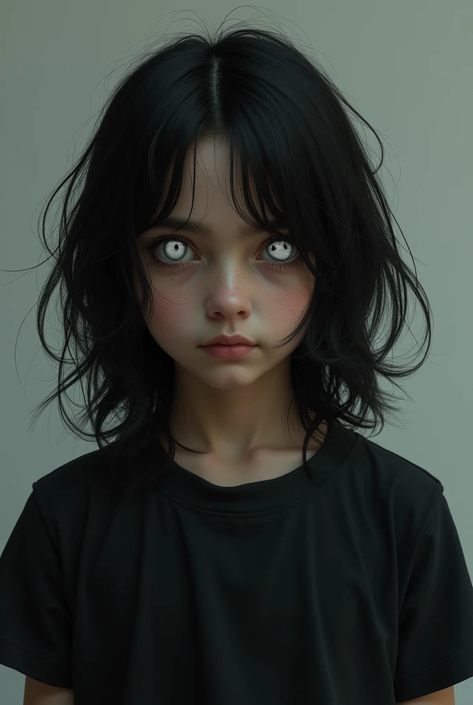 Imagen 2D, boy with long hair, dark complexion, white eyes, black t-shirt