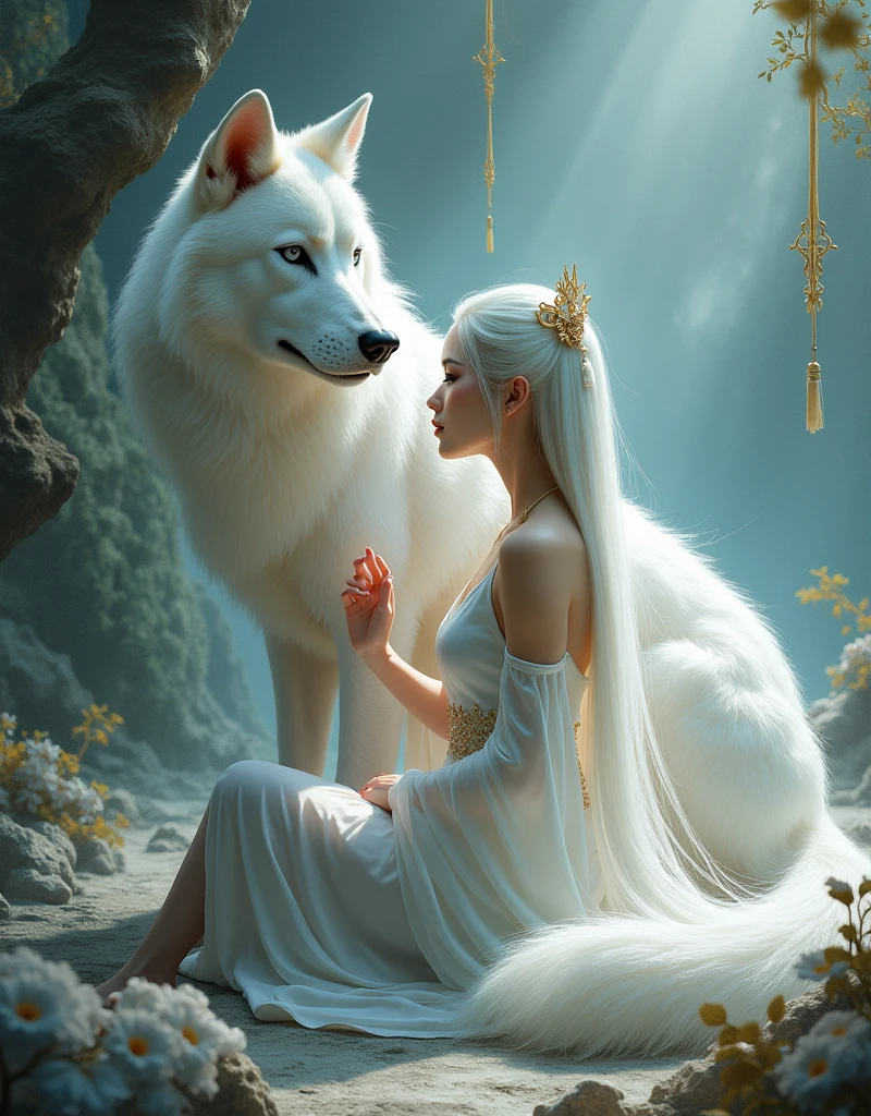 a chinese woman in a short white chinese dress with long white hair sitting on the ground with a white wolf next to her, mystical art, fantasy art, epic digital painting, epic digital art illustration, wlop painting style, wlop art