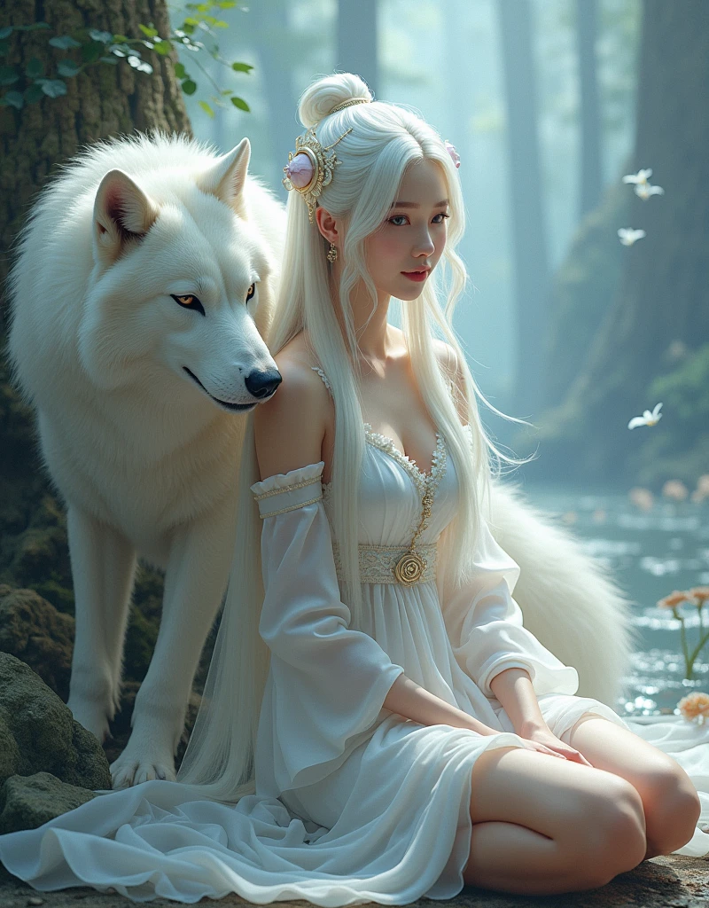 a chinese woman in a short white chinese dress with long white hair sitting on the ground with a white wolf next to her, mystical art, fantasy art, epic digital painting, epic digital art illustration, wlop painting style, wlop art
