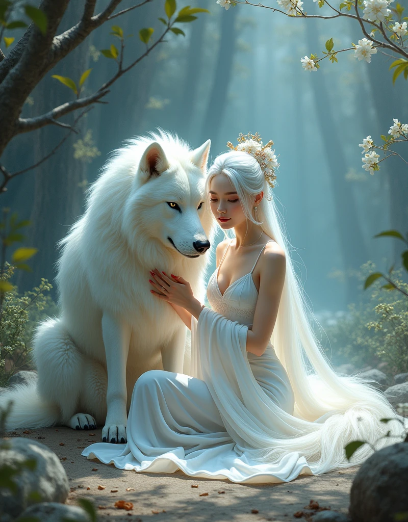 a chinese woman in a short white chinese dress with long white hair sitting on the ground with a white wolf next to her, mystical art, fantasy art, epic digital painting, epic digital art illustration, wlop painting style, wlop art
