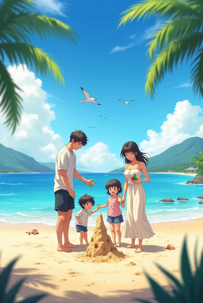 Family on the beach realistic anime