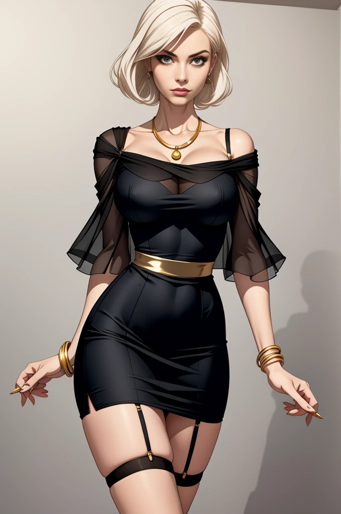 makeup, mascara, simple color palettes, one woman 2, solo, stylish, Clean, sharp designs, flowing silhouettes, Tight short skirt, high-waisted skirt, garter, stockings, simple dresses, asymmetrical, geometric, Elegant and luxurious materials and designs, sheer, Simple, minimal accessories, Slim necklaces and rings in silver or gold, Simple bangles, Distinctive designs, simple silhouettes, chic and mature impression, simple and sophisticated style, elegance, minimalism, high quality materials, cool and urban impression, high fashion, , simplicity and sophistication, plain black dress, chic grey dress, platinum blonde, large breasts