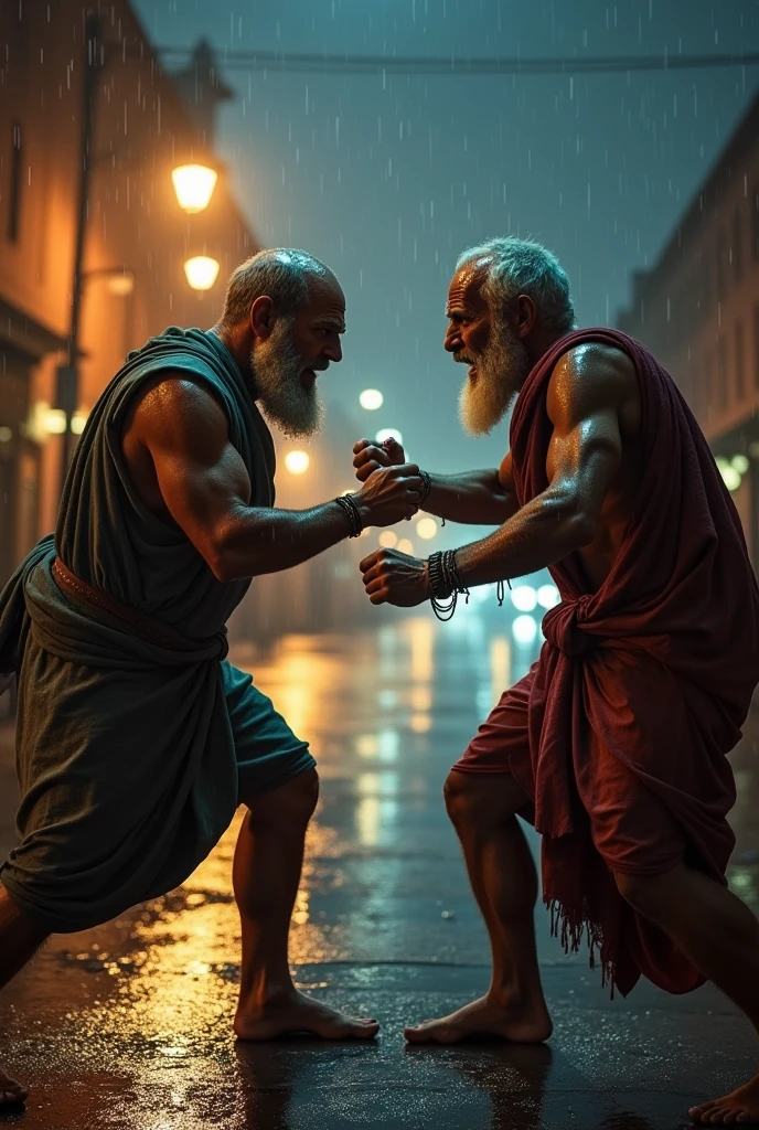 Plato and Aristotle,(fighting stance),way a way, angry, on a rain-soaked street at night, photorealistic, cinematic lighting