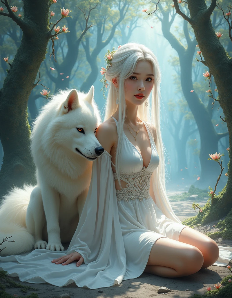 a chinese woman in a short white chinese dress with long white hair sitting on the ground with a white wolf next to her, mystical art, fantasy art, epic digital painting, epic digital art illustration, wlop painting style, wlop art