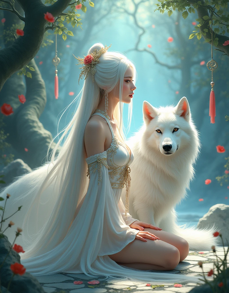 a chinese woman in a short white chinese dress with long white hair sitting on the ground with a white wolf next to her, mystical art, fantasy art, epic digital painting, epic digital art illustration, wlop painting style, wlop art