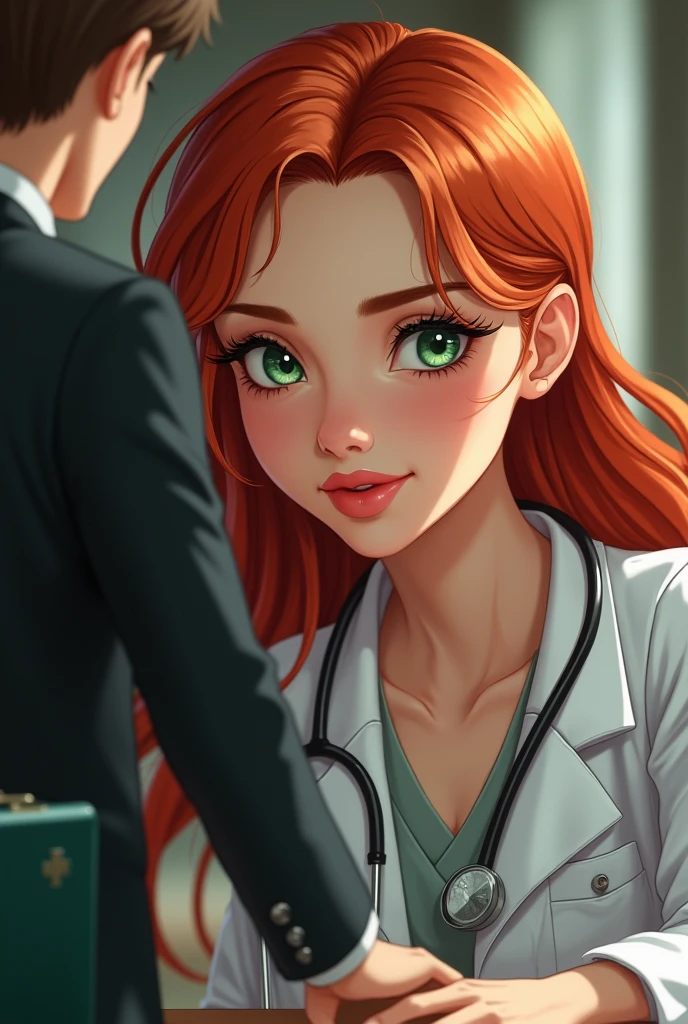 ((Best quality)), ((masterpiece)), (detailed), close-вверх person, young ambitious woman - doctor in a medical robe, sitting at a table in a medical office facing the camera, looks at the visiting lawyer and smiles. The meeting takes place in the interior of a doctor&#39;s office in a modern medical clinic.; Female doctor in glasses looking at young man in elegant black suit with smile, in a white shirt, shiny black shoes; This is a lawyer. The lawyer holds a dark green briefcase in one hand.; the lawyer smiles, extends his hand to the doctor for a handshake, Welcome. The female doctor has long red hair, full lips, green eyes, long eyelashes, (fantasy art:1.3), highly detailed face, Beautiful illustration, (portrait composition:1.3), restrained, shallow depth of field, focus on the eyes, a high resolution, masterpiece, shiny smooth skin, close вверх