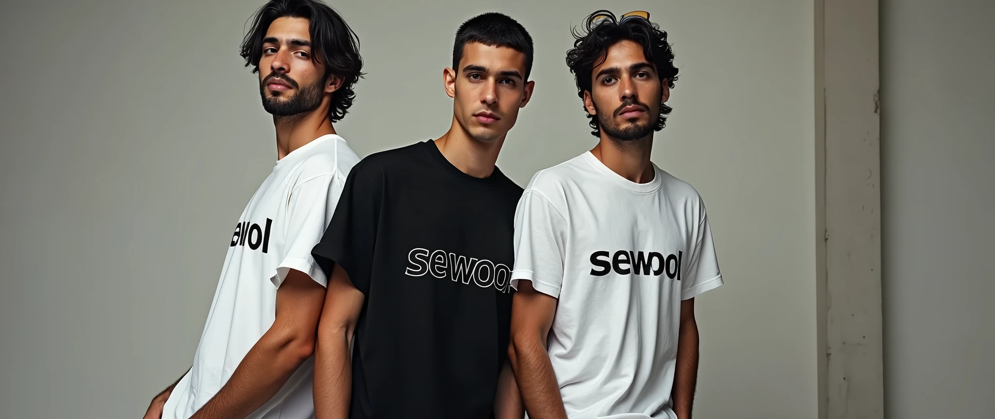 give me a picture of 2 or 3 male models in one picture with wearing oversize t-shirt and wearning formals paint and photoshoot in studio, and print the word on t shirt = Sewool
