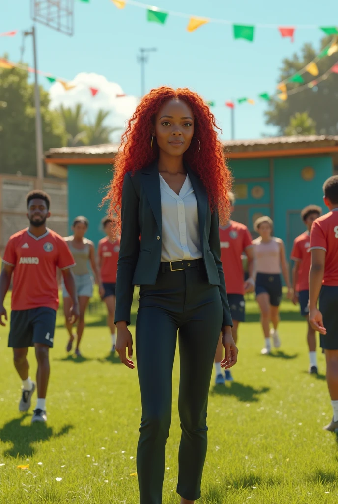 Create a hyper-realistic scene of a neighborhood soccer championship in Bahia. The image must show a councilwoman with light brown skin, com aproximadamente 1,78 m high, slim, and with curly red hair, que vai to the back. She is dressed in formal clothes, like a blazer, Shirt and Pants, appropriate for a campaign event.Main Elements:CITY COUNCILWOMAN: in the spotlight, with an expression of enthusiasm and engagement. Curly red hair should be long, to the back, and detailed with moderately sized curls. Formal clothing should be well detailed., reflecting your role in a campaign.Football Championship: Neighborhood soccer field with simple grass and surrounded by a wooden or wire fence. Players and spectators must be present, with detailed clothing and actions.enviroment: The field must have local characteristics, like colorful flags and improvised stands. The sky should be clear and sunny, providing a warm, vibrant light.Additional Detail:CITY COUNCILWOMAN em Ação: She must be interacting with the community, maybe talking to players or spectators, showing support for the event. Your posture and expression should reflect your active role in your campaign..public: Spectators watching the game, with details in the clothes and reactions, contributing to the festive and local atmosphere.colors e styled:colors: colors vivas e naturais, with the sunlight creating a warm tone. Realistic details in the colors of the councilwoman's formal clothing and the surrounding environment.styled: hyperrealisti, focusing on textures and details to create a sense of authenticity and involvement in the event.Format and Composition:perspective: Captures the action on the football field with the councilwoman in focus, formally dressed. Show field, players and spectators with detailed lighting and shadows.