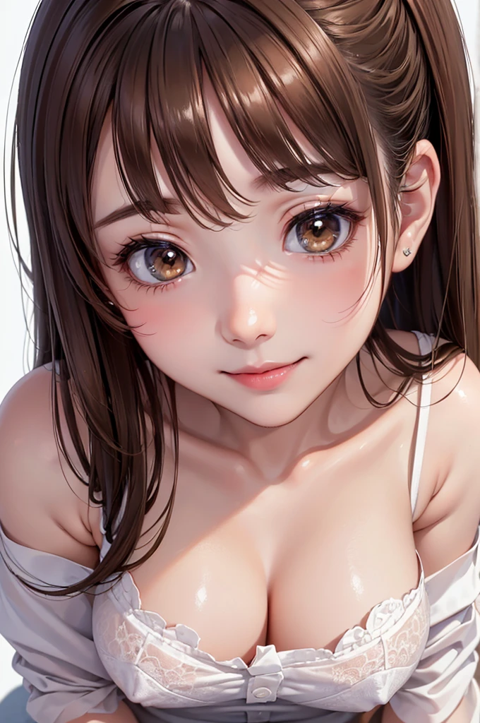 Best Quality,High resolution,8k,(plain white background, no patterns, no textures, just a plain white background:1.3),Masterpiece:1.2),beautiful girl,Big Breasts,(Shiny brown hair:1.3),messy hair,Beautiful brown eyes,Gentle look,A refreshing look,smile,Oversized shirt,Best quality,Best Quality,Aesthetic and aesthetic:1.2,Best details((Super detailed))(High-definition CG illustrations),Slender body,smile,blush,cute,Scrounge,Looking up,Being spoiled,super model, wariza, sit