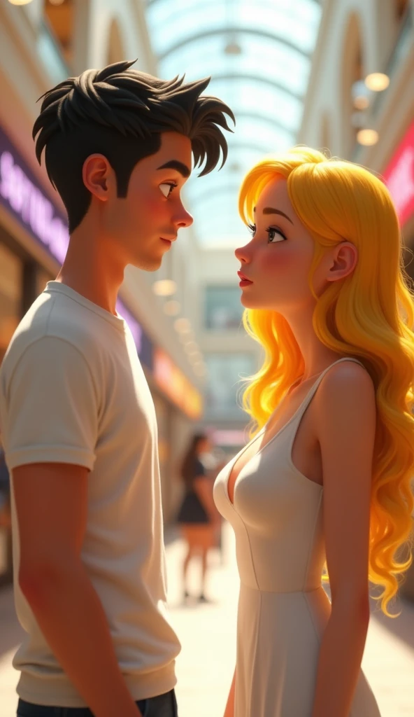 A guy with white t-shirt talking to a young woman with yellow hair and white sleeveless dress, at a shopping mall, pixar style, cinematic, masterpiece, high-aesthetic, realistic 