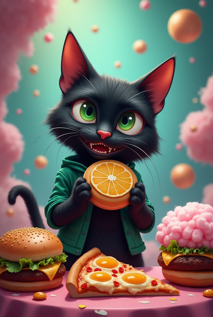cat,negro,eating hamburger,lemon donut, pizza, cotton candy.