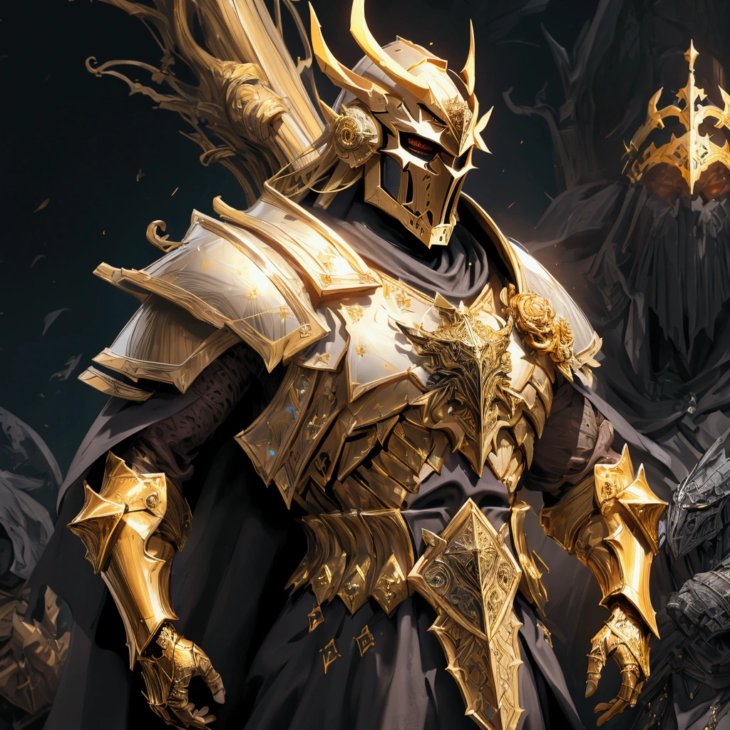 (Masterpiece:1.2), envision an intricate, 8k, highres, realistic, cinematic, dynamic, close up portrait of a faceless golden knight man clad in great armor with a grand helmet with bright white eyes with a large body in a dark fantasy style against a dark gray background, (Velstadt The Royal Aegis)