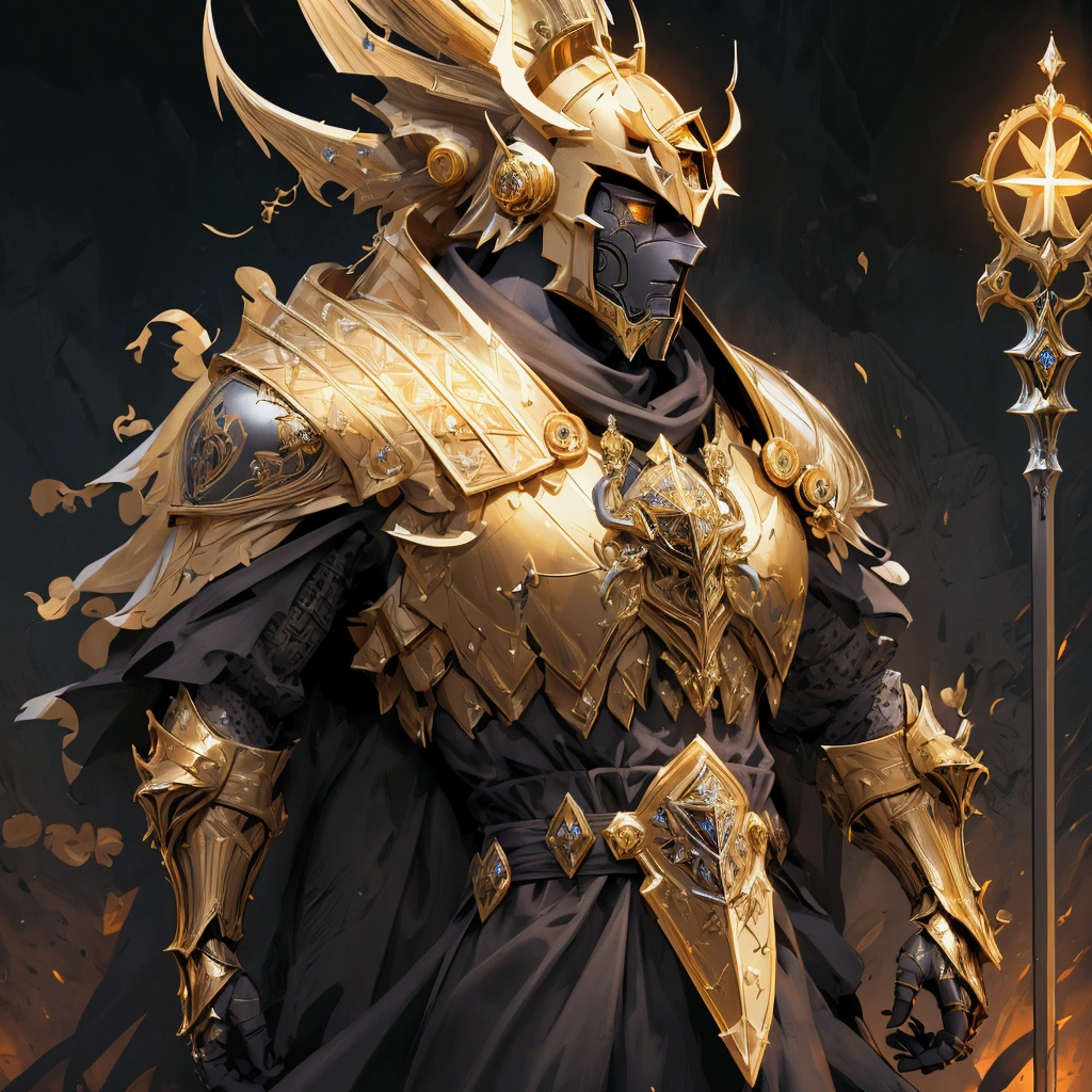 (Masterpiece:1.2), envision an intricate, 8k, highres, realistic, cinematic, dynamic, close up portrait of a faceless golden knight man clad in great armor with a grand helmet with bright white eyes with a large body in a dark fantasy style against a dark gray background, (Velstadt The Royal Aegis)