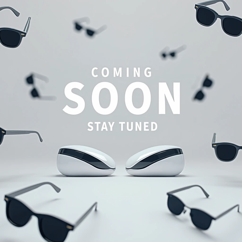 generate an image with coming soon Stay tuned written and in the background there should be more than one scattered sunglasses and try to use less colors in the background