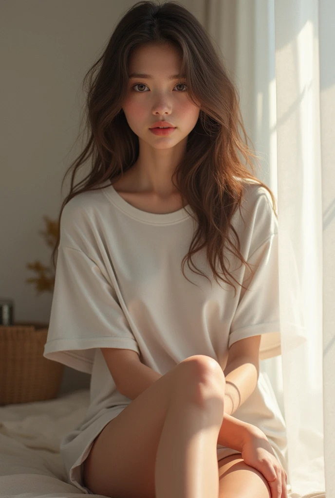 Beautiful girl without pant in oversize t-shirt