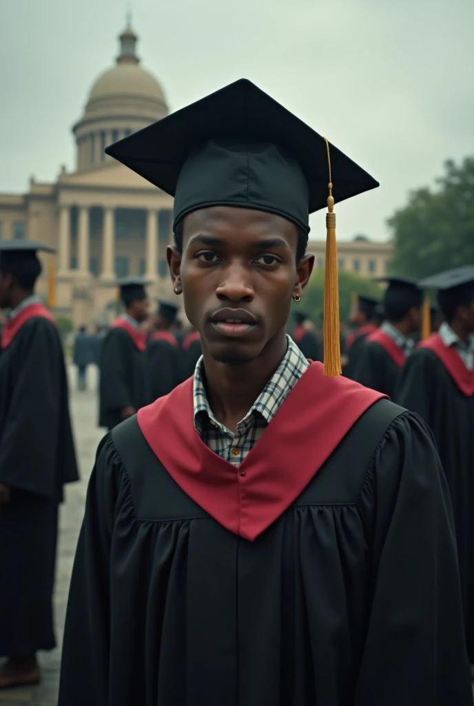 A students that finish schools and graduate but their face was not happy their country was Ethiopia and They are in a college or university