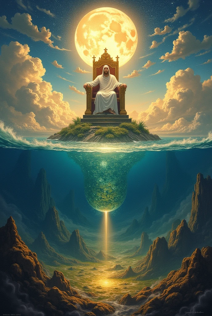 create an image with God sitting on his throne, below the throne there would be clouds and below the clouds there would be a sea and below that sea there would be a firmament/separation. within this firmament on top of it place clouds, floor, moon and stars. at the bottom of this firmament make a floor of earth full of plants, and make a sheol beneath the earth/burial.