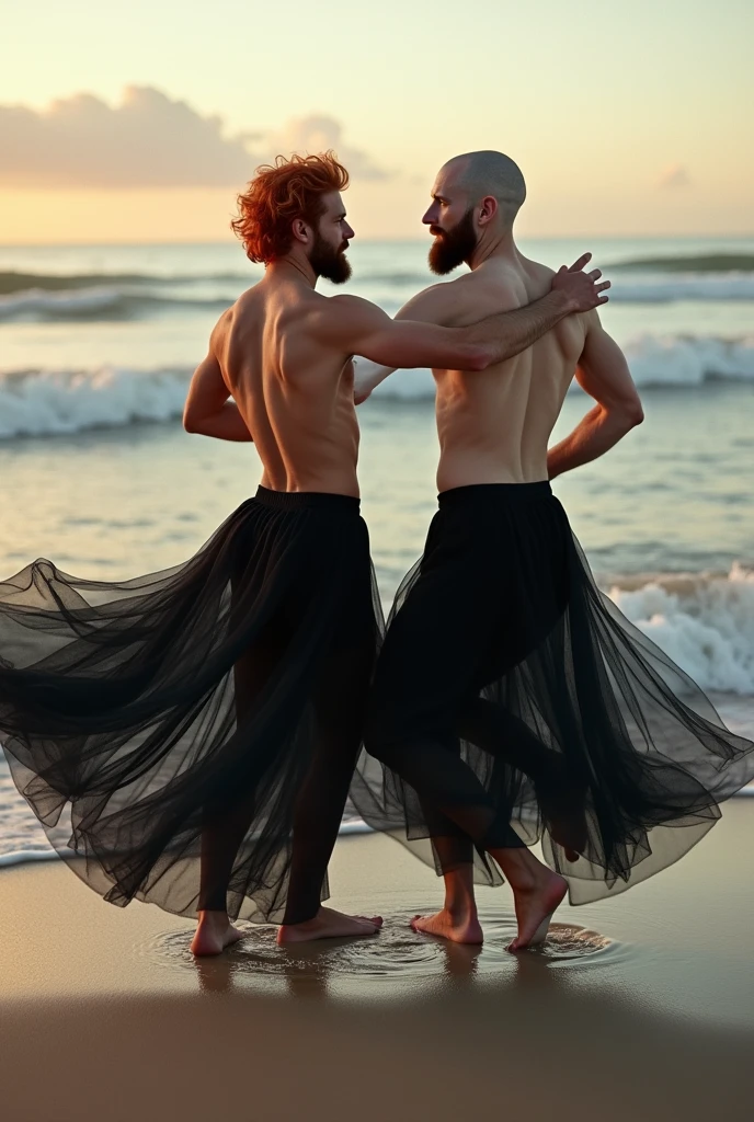 2 men dancing floating, in a black tulle skirt on the beach by the light of a bonfire, by the sea. one of them is redheaded the other is white with a shaved head, both with beard. gays
