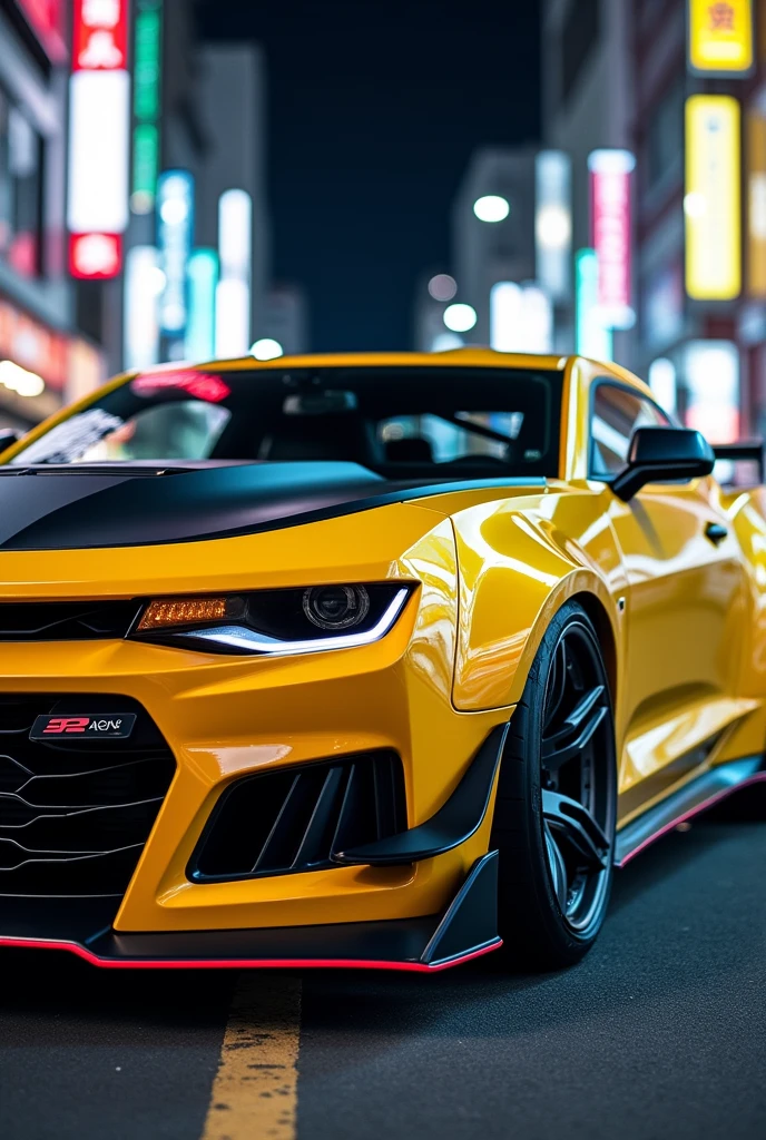 Camaro zl1 lowered yellow color black hood gray wheels common red led in tokio for black bumper