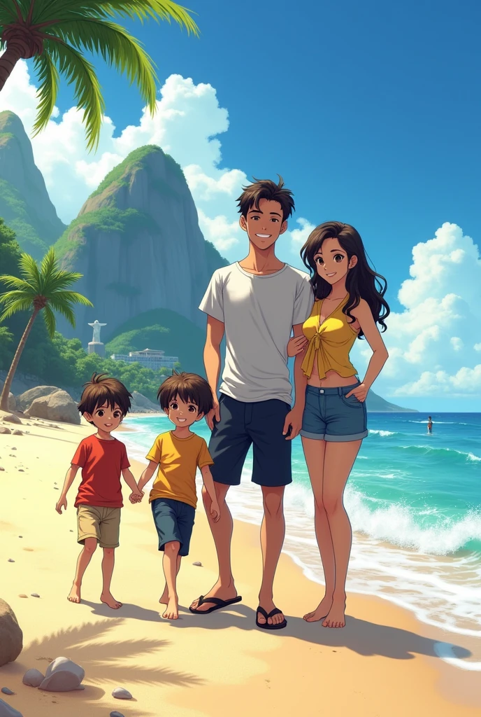 Family on the beach realistic anime realistic america rio de janeiro