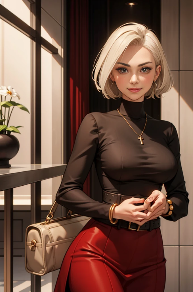 cute date night, mature woman, 2, platinum blonde hair, red long sleeve dress, (long sleeves), large breasts, velvet,  bangle, short hair, geometric, asymetric,  in a modern hotel lobby, solo, one woman, cute date night outfit, cute fit, [Victoria Beckham],[[KateBeckinsale]],[[[Jenna Coleman]]], thick belt, smiling, happy, necklace