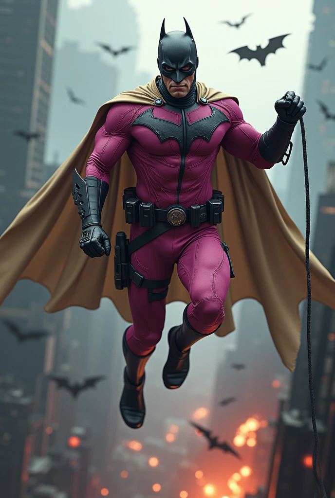 Malaysia man in high-tech suit, vivid effects, malaysian superhero (KELUANG MAN) in a striking pink and beige costume cyberpunk design, mask small mini bat ear beige, daredevil beige mask, jumpsuit dark pink stands confidently in a dramatic.jumping from high place.hero costume.one hand rise up. Big triangle logo on the chest.high detail Punisher logo on the chest. Fighting pose , stormy landscape. ((Head covered node guard like batman. Running pose , athletic body type, small mini ear bat mask))The character wears domino mask a helmet with pointed mini torn ears and a flowing cape biege, open nose and mouth. Equipped with visible futuristic weapons on a belt,bullet proof jacket pink dark day.show fingers pose, dark night, big supermoon effect . Small logo on chest triangle shape small punisher logo center(( skull triangle Casey Jones mask shape logo)) center on chest pink logo mini logo . rocky. Building top.smoke ground , bomb effect background, losse pants, losses costume.adding to --ar 3:4 --style raw --stylize 500 --v 6.1. chaos. Lot of small flying bat. One leg on the high stone. Man. Wear hologram watch.. Real man age 40 year old. One hand holding belt.one hand holding black rope hanging on building. Big pant pink. Beige cape joodie.(( Loose pant)) , jump on high building)marvel , X-Men.
