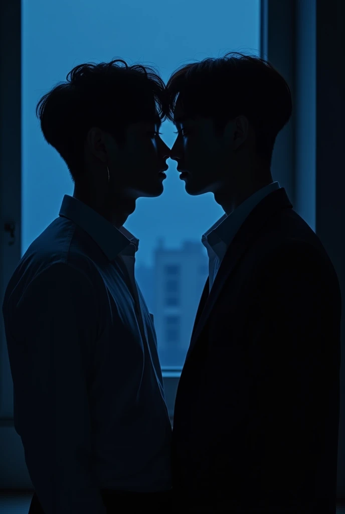 eux tu faire deux hommes en train de se regarder mantiquement de vue de dos dans le noir ou on voit ste les silouhettes. Je veux qu'on voit que leurs ombre Je veut qu'on voit que leurs silhouette. I don't want us to see their faces. An image or that the face has seen not the body. Bring their faces closer together. Deux ommes apparence coreen. Je veux que l'image ssemble à la couverture de l'album de taeyeon to x. a man with fuller lips and a face. Un homme avec un air innocent, visage rond et livre pulpeuse et l’autre un homme d’affaire avec sa silhouette dans le noir complet avec une lumière bleu sombre ambiance avec une apparence reel. Un homme apparence d’origine filipin Grosse levreet l’autre coréen mais qui ne s’embrasse pas mais presque. Dans un mur noir derrière avec une coupe au bol une frange jeune sans barbe qui s’embrasse pas