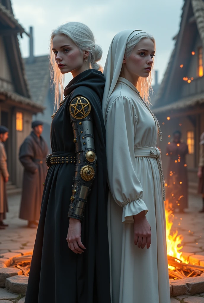 Two albino pre-s from the Middle Ages with white hair and violet eyes, back to back, the one on the left wearing black alchemist clothes and her left arm wearing a steampunk prosthesis with a pentagram, and the sister on the right wearing white nun clothes and a cross necklace., facing a bonfire in a village.