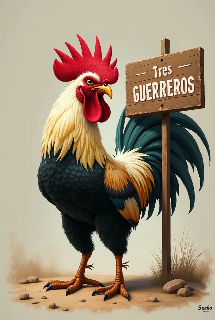 A fighting cock turns and a sign that says "Three Warriors in Spanish"