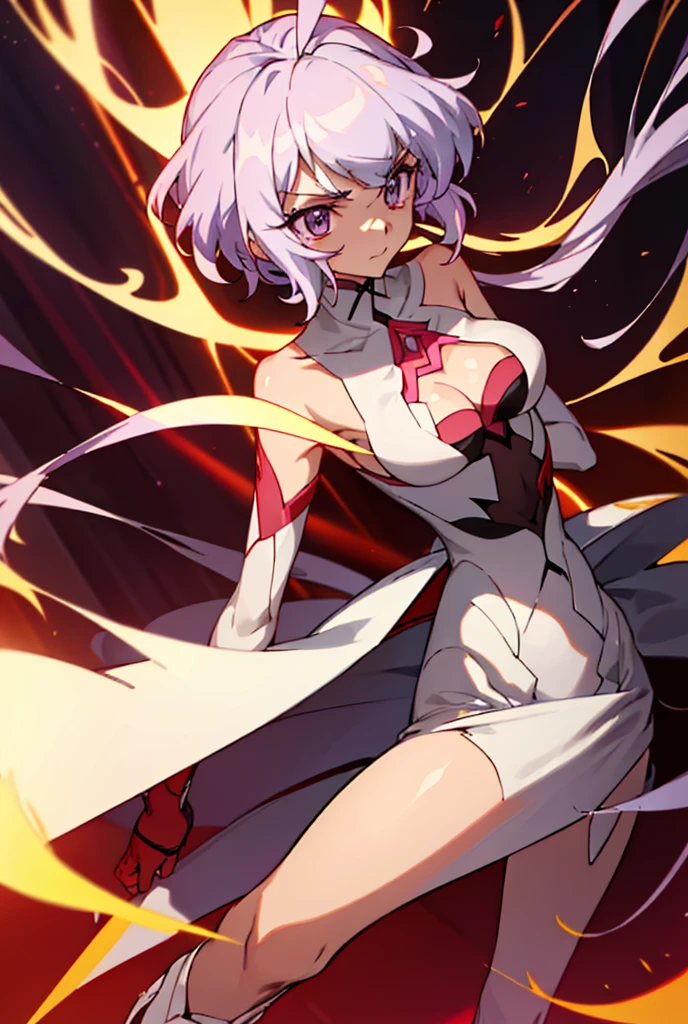 Gray (purple), Eyebrows are thin, Height is small, Big eyes, , Fair complexion, Large and developed chest, Glamorous, Very large chest, Young face, Legs are thin, Layered head cut, Bangs are there, Cute, Eyes are big, No cloth on the abdomen, Cartoon style, Chest is very developed, Chest is emphasized, Clothing fabric is thin, Thin abdominal muscle, Red, red, deep red, crimson are precious, Pale white, Pale red, Curl inward toward the ends, Bangs are slightly long, parted on the left, Back hair, Hangs on the forehead. Curled inward toward the ends, slightly long bangs parted on the left, with back hair, hanging over the forehead, white boots, double back hair, one hundred cm chest, fifty seven cm around the waist, eighty five cm around the waist, eight k, highly saturated, abstract, bordered, hip-accentuated, , inguinal, arm-crossed, cris Yukine, SENKIZESSHOU SYMPHOGEAR.