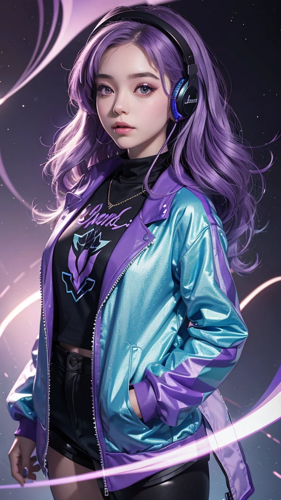 A young girl with purple hair purple makeup purple clothes and blue scenery in her hair just holographic volume she with headphone and the graphic and sparkles