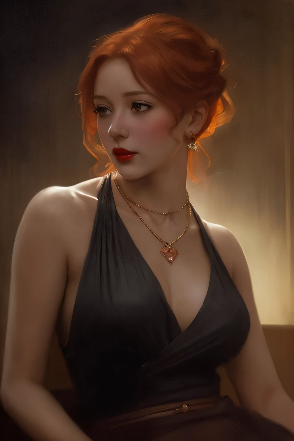 Taki, leaning against a bar , (heavy eyeshadow, red lips), slender, diamond necklace, fantasy art, concept art, delicate features, feminine, copper colored hair in a loose bun, seductive, Chiaroscuro lighting, (style of howard chandler christy:1.0), (charcoal sketch by jean-joseph benjamin-constant:1.3)
