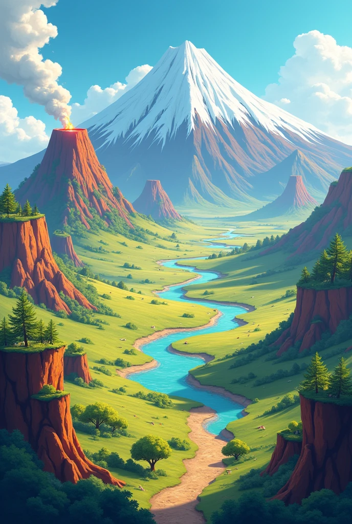Create a landscape for elementary school children that contains volcanoes, plains, Plateaus, hills, mountain ranges, mountains