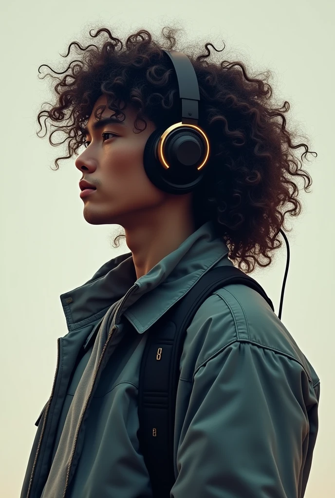Character 1 male long curly hair 3c,with gamer headphones on his back